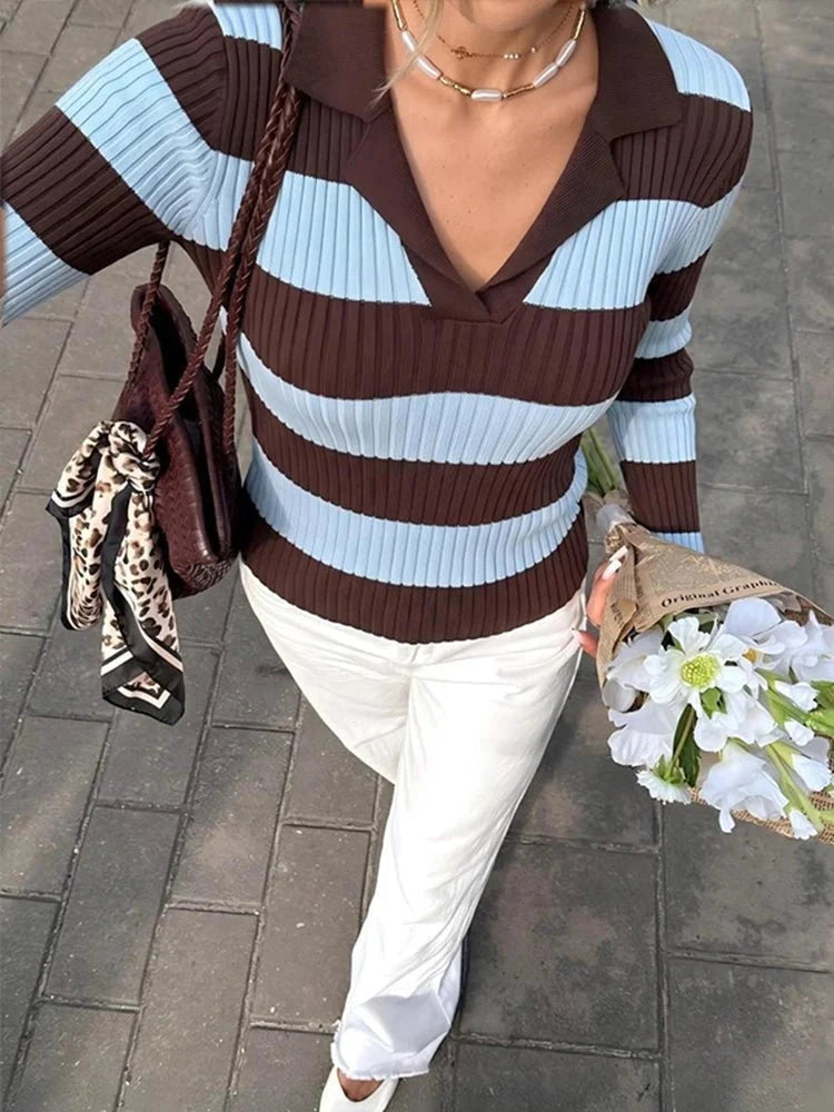 Teresa Striped Knit Polo Pullover