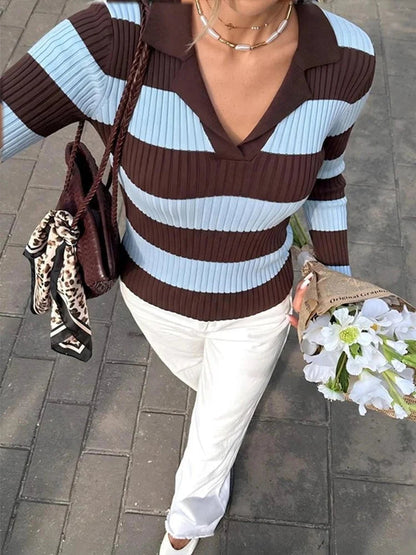 Teresa Striped Knit Polo Pullover